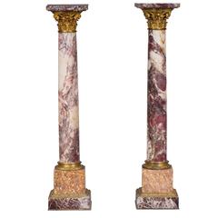 Very Rare Antique Pair of Columns in Breccia Violet Marble and Gilt Bronze