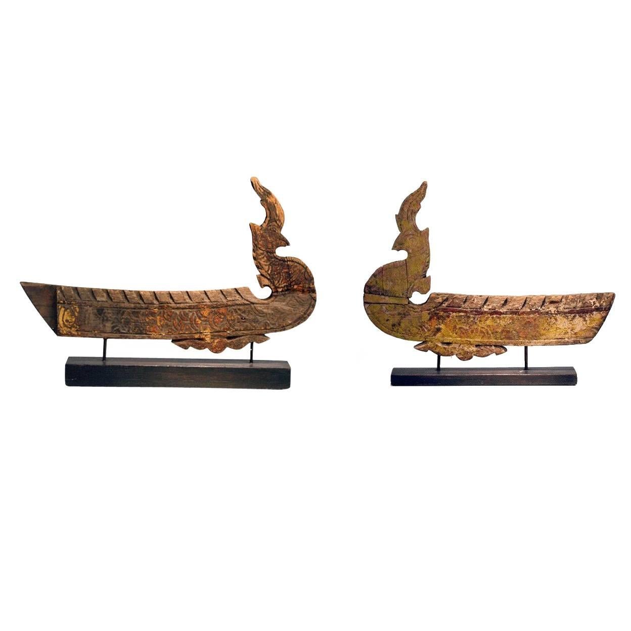 Two Antique Hong Bird Roof Carvings from Thailand For Sale