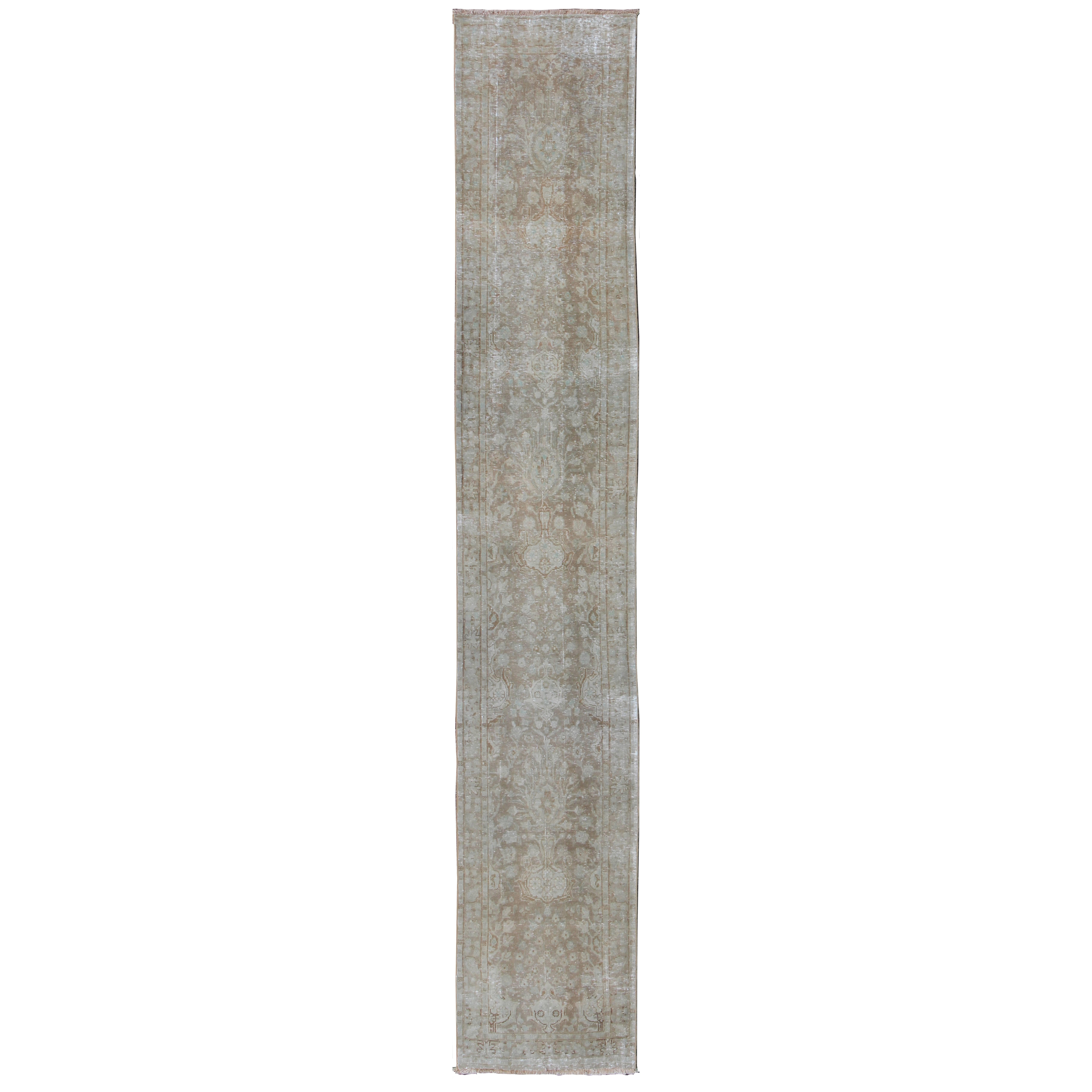 Long & Narrow Vintage Tabriz Runner with Taupe, Soft Blue and Light Brown  For Sale