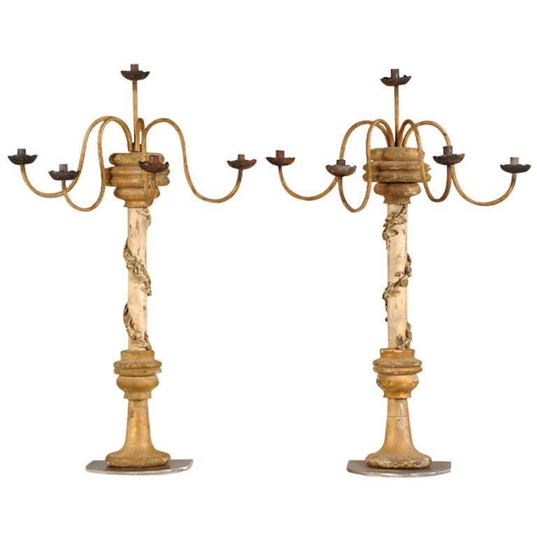Pair of Antique Italian Gilded, Carved, Painted Five-Arm Candelabras, circa 1850 For Sale