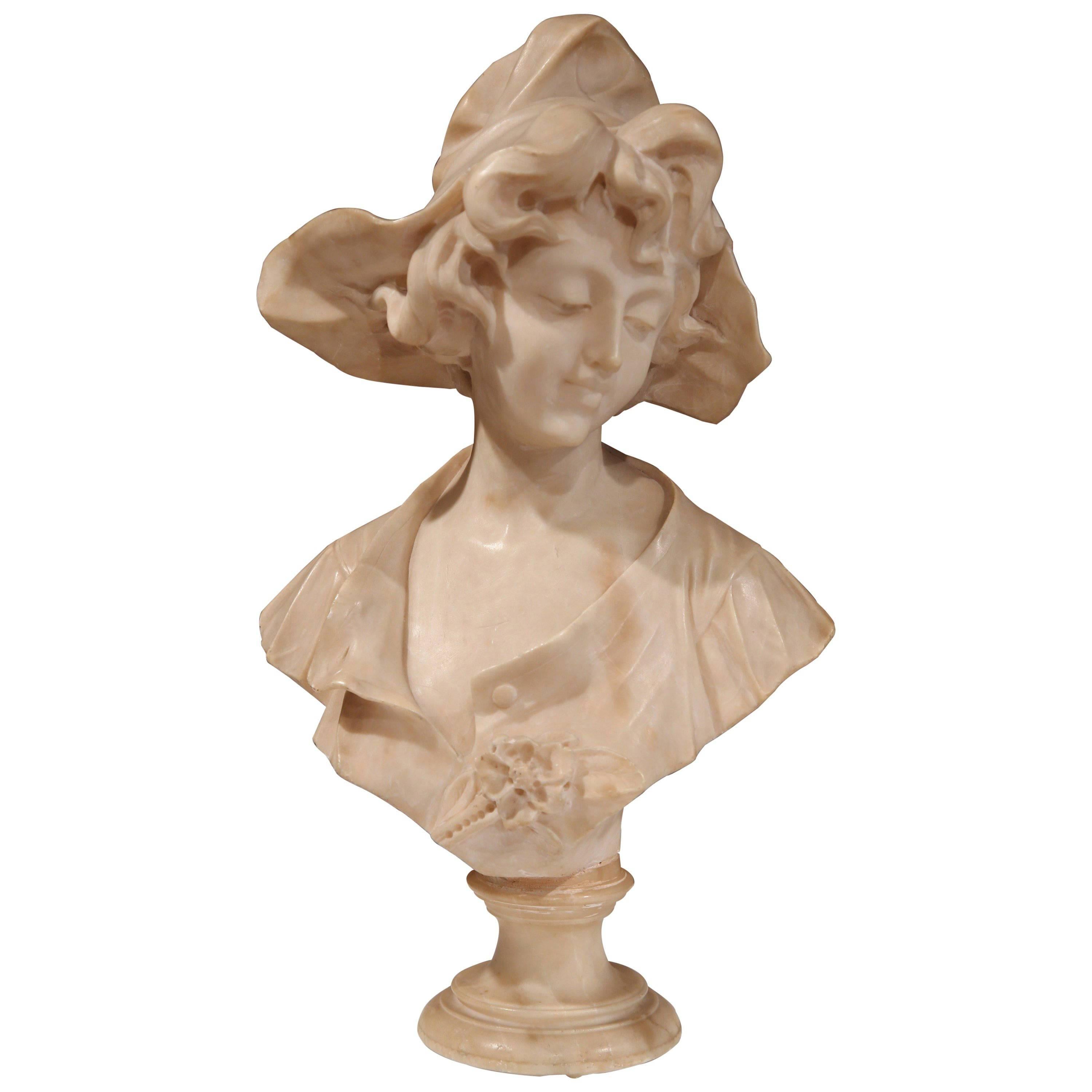 19th Century French Carved Patinated Marble Bust of a Young Beauty