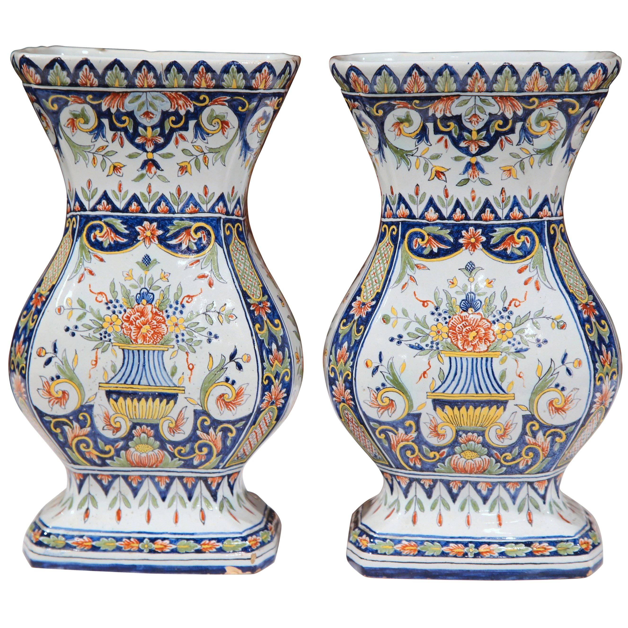 Pair of 19th Century French Hand-Painted Faience Vases from Normandy