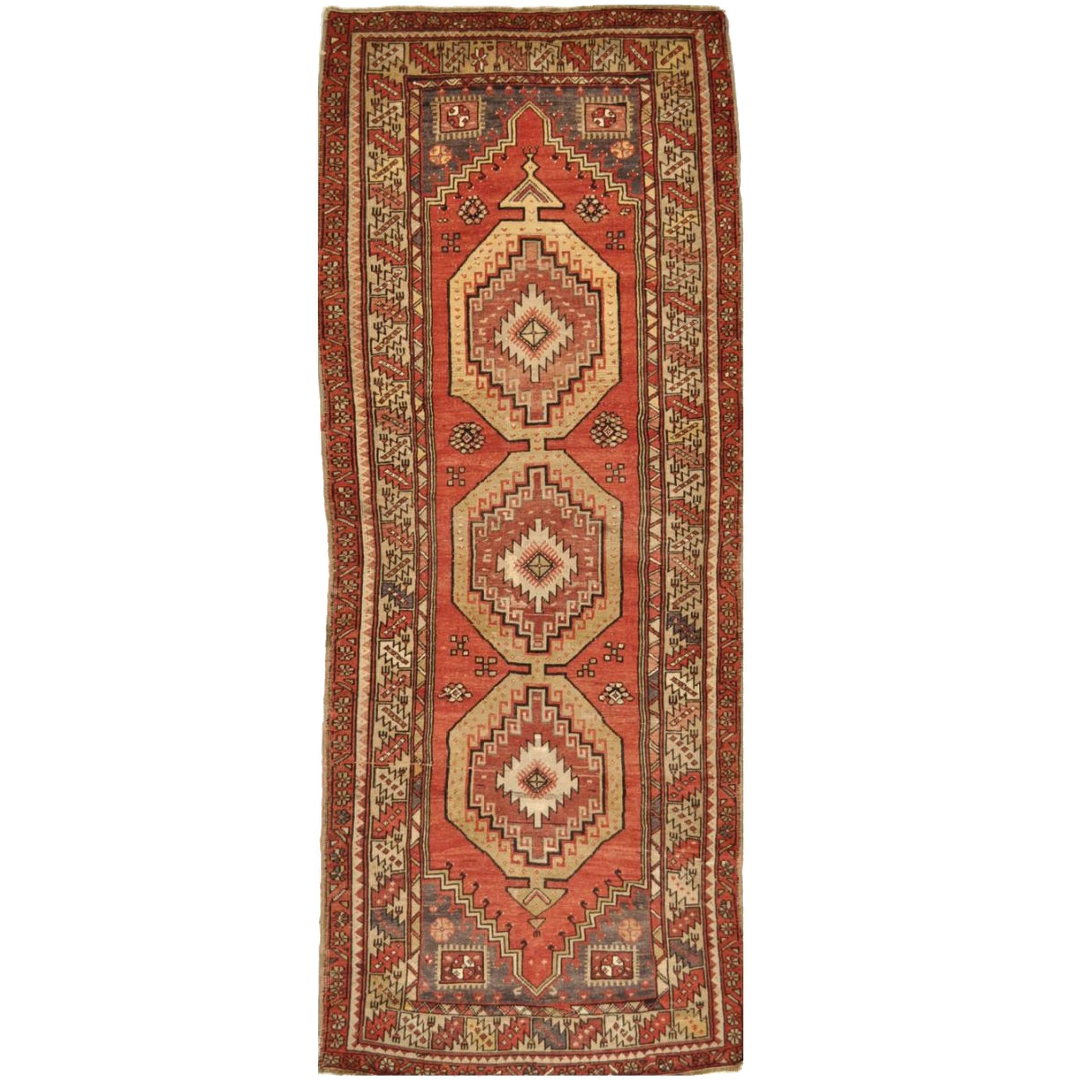 Vintage Hand Knotted Wool Turkish Anatolian Runner Rug For Sale