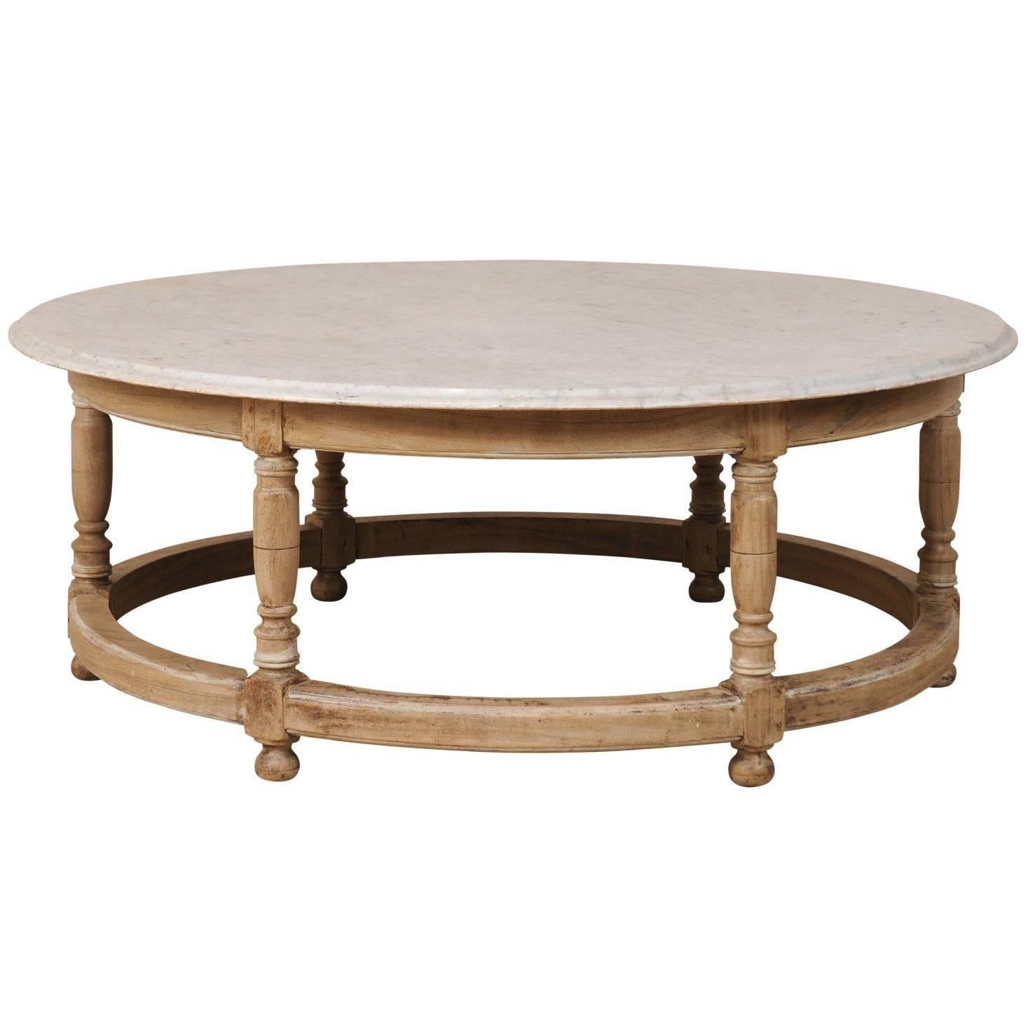 White Marble Top French Over-Sized Round Wood Coffee Table with Turned Legs