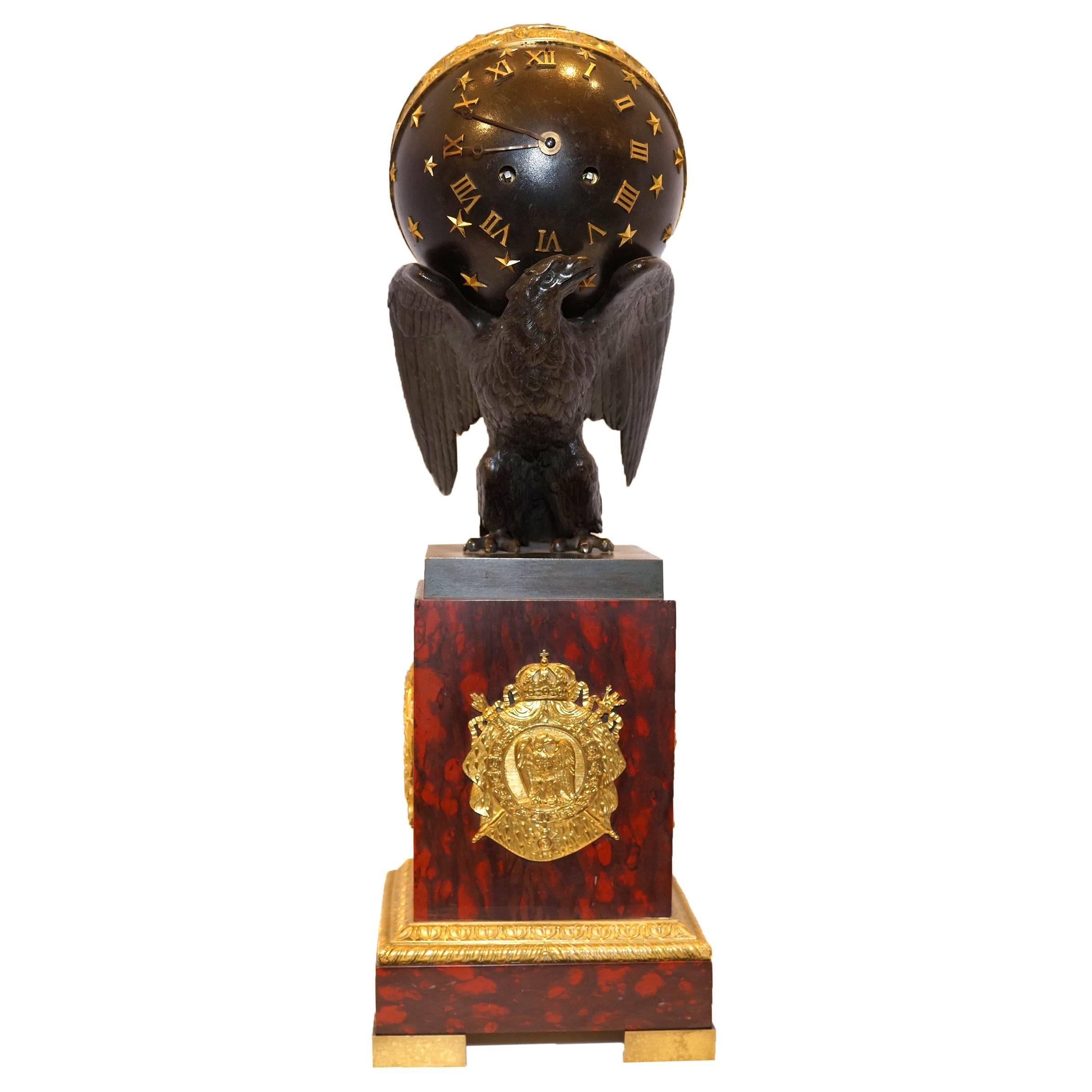 French Empire Eagle Clock on Rouge Marble Base