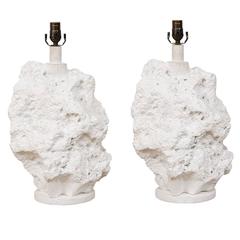 Pair of Sirmos Style White Table Lamps, Modern Sea Rock-Like Look of Plaster