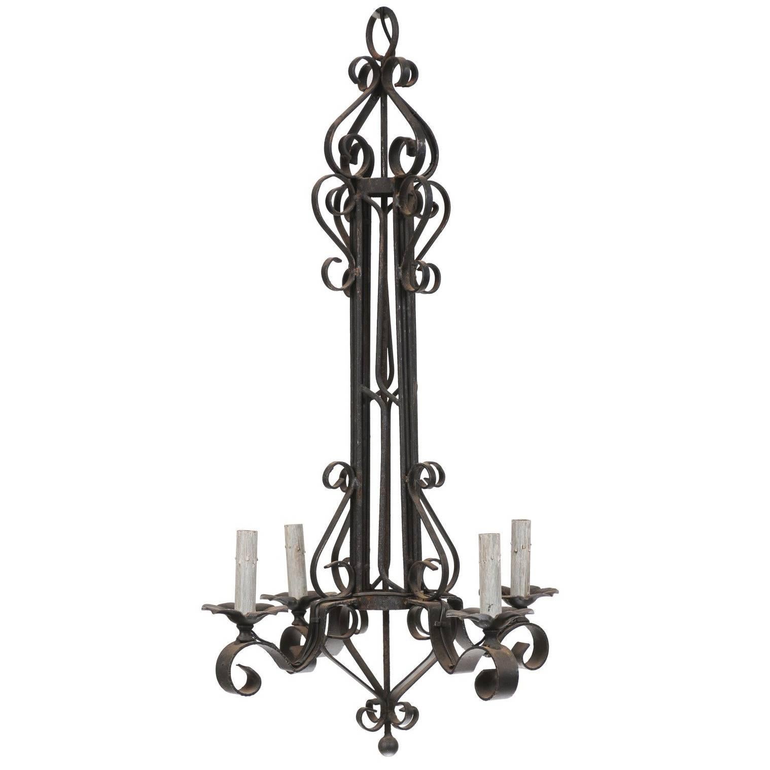 Tall French Four Light Black Iron C-Scrolled and S-Scrolled Chandelier For Sale