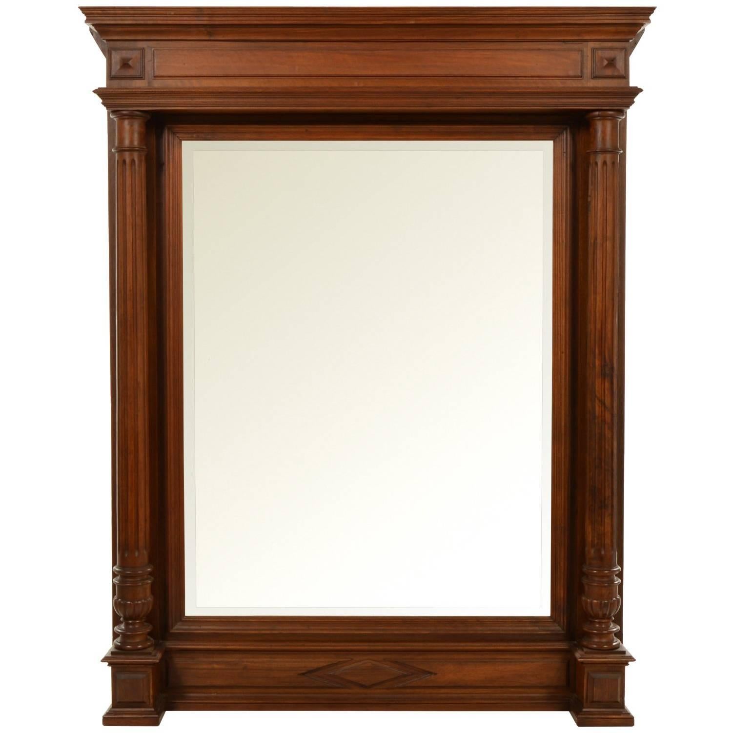 19th Century French Bevelled Wall or Overmantel Mirror with Walnut Frame For Sale