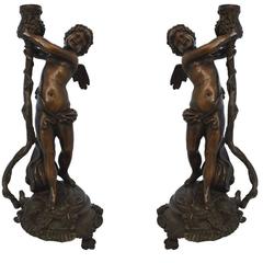 Vintage Pair of Tall Bronze Cherub Candleholders