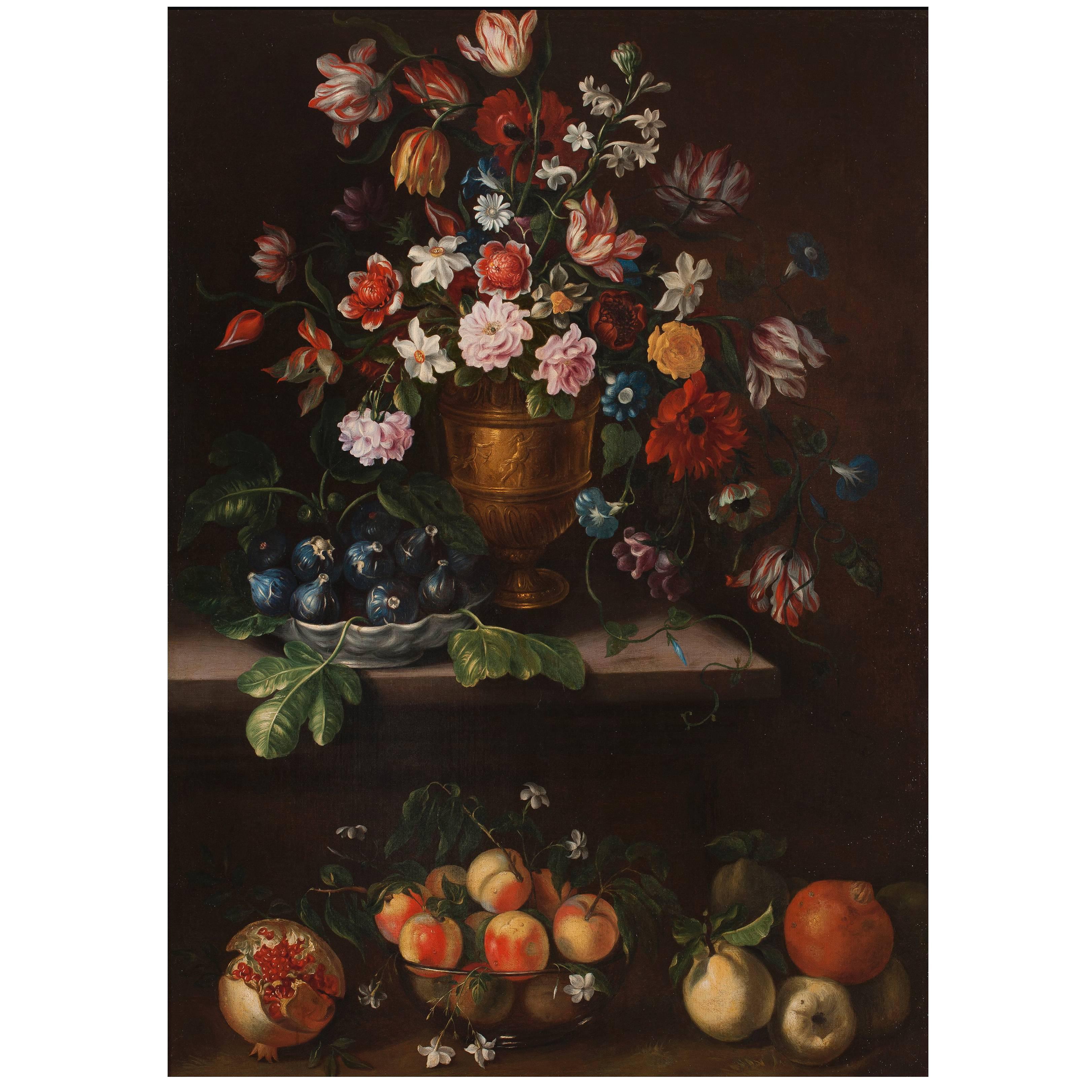 Giovanni Stanchi Dei Fiori, Pair of Painting "Still Life with Fruit and Flowers" For Sale