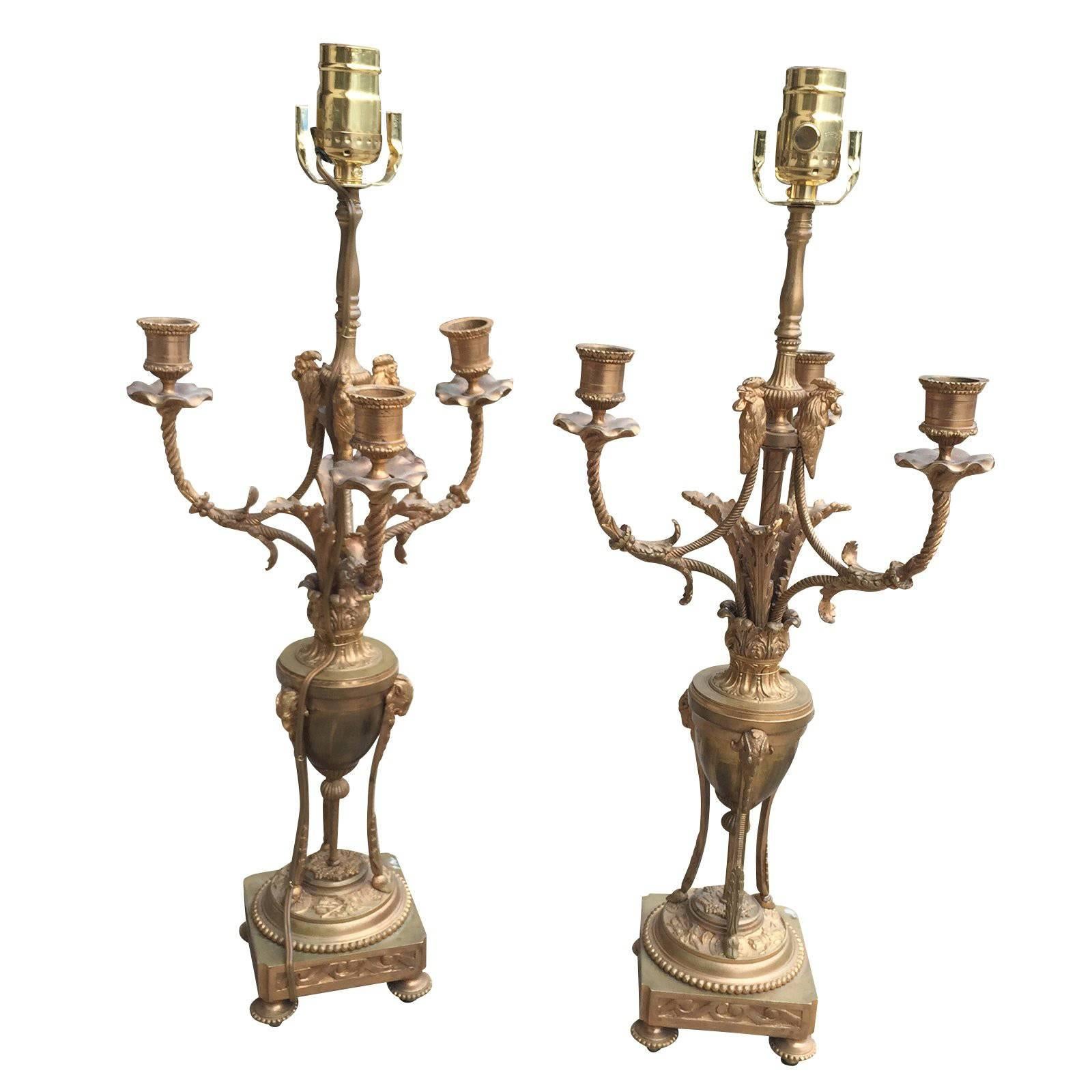 Pair of 19th Century French Louis XVI Style Gilt Bronze Candelabra as Lamps
