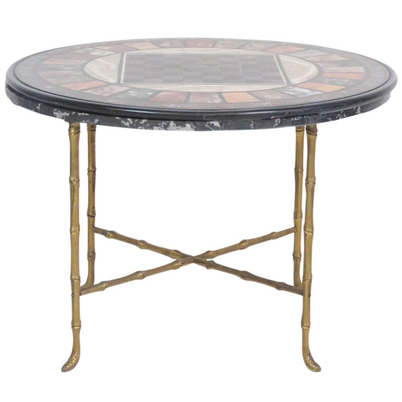 Pietra Dura Faux Bamboo Brass Marble-Top Game Table
