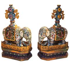 Vintage Large Pair of Chinese Cloisonne Elephant Incense Holders on Cloisonne Base