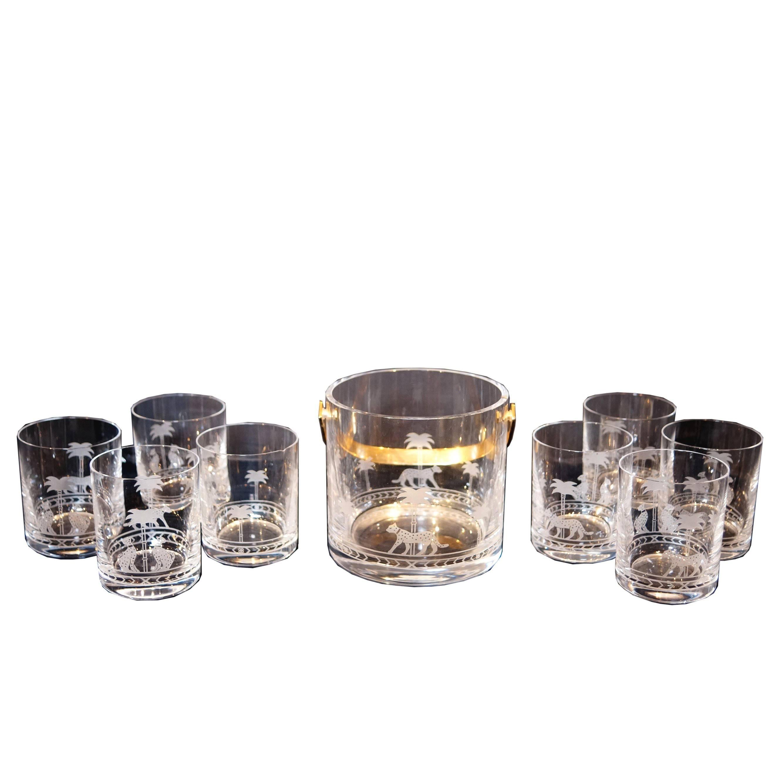 Christian Dior Nine-Piece Ice Bucket and Glass Set with Etched Panther Design