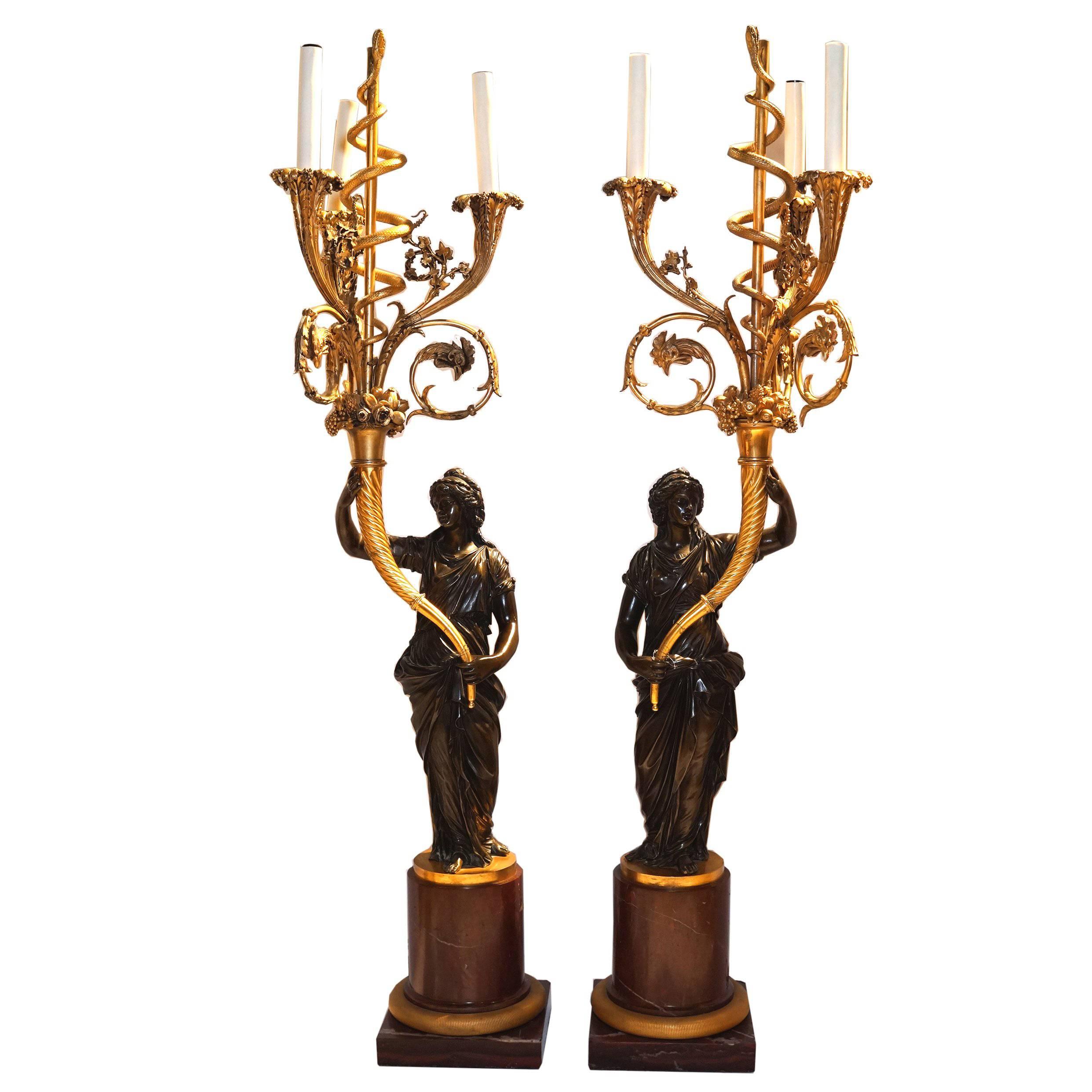 Pair of French Louis XVI Style Ormolu and Patinated Marble and Bronze Candelabra For Sale