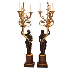 Antique Pair of French Louis XVI Style Ormolu and Patinated Marble and Bronze Candelabra