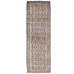 Turkish Oushak Runner with Diamond Motifs in Orange, Gray, and Light Green