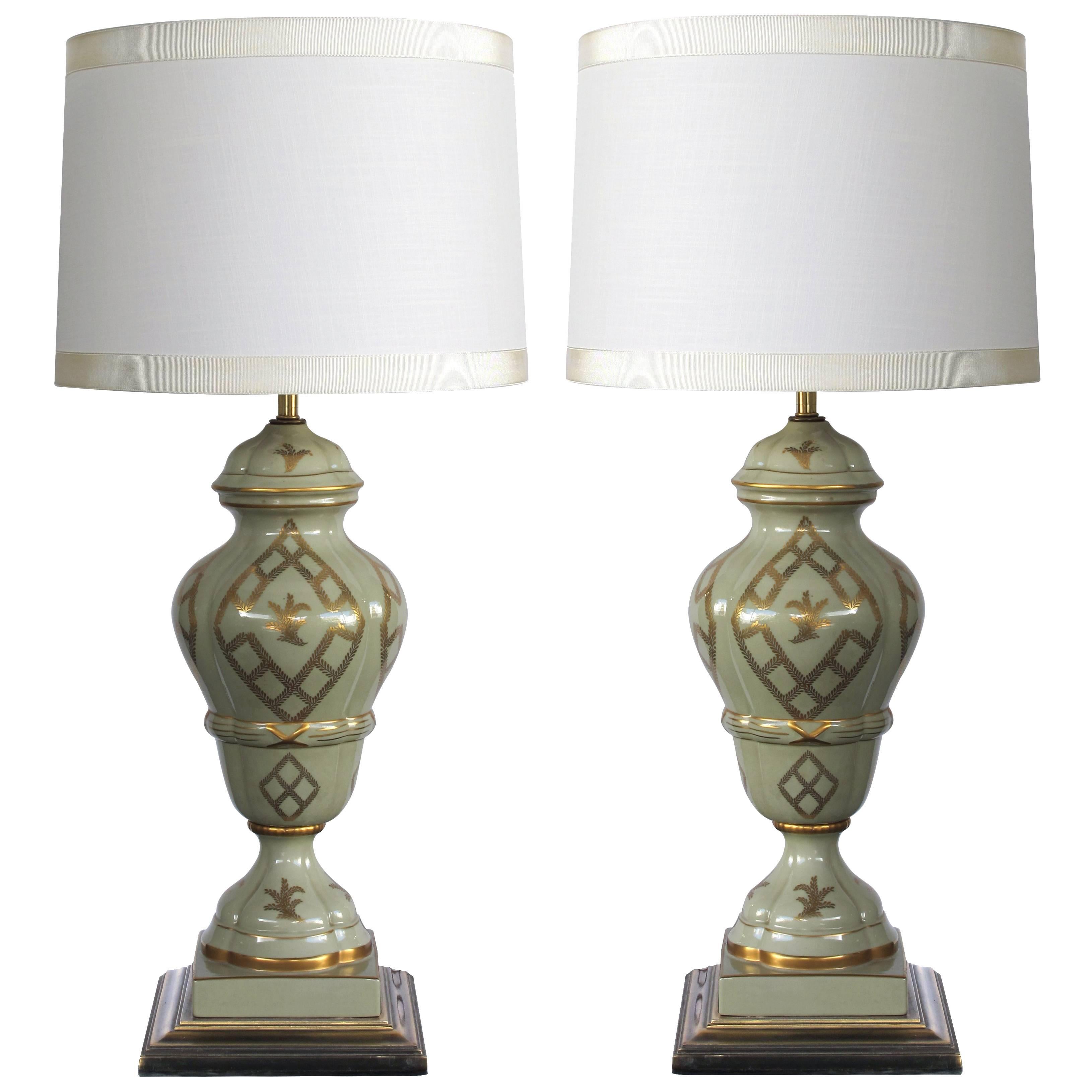 Elegant Pair of Marbro Lamp Co. 1960s Baluster-Form Celadon-Glazed Lamps