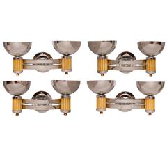 Art Deco Wall Lights Set of Four with Twin Chrome Uplight Bowls