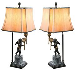 Antique Pair of Verdigris Brass Table Lamps