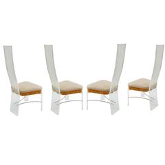 Burled Burl Wood Chrome Lucite High Back Dining Kitchen Chairs