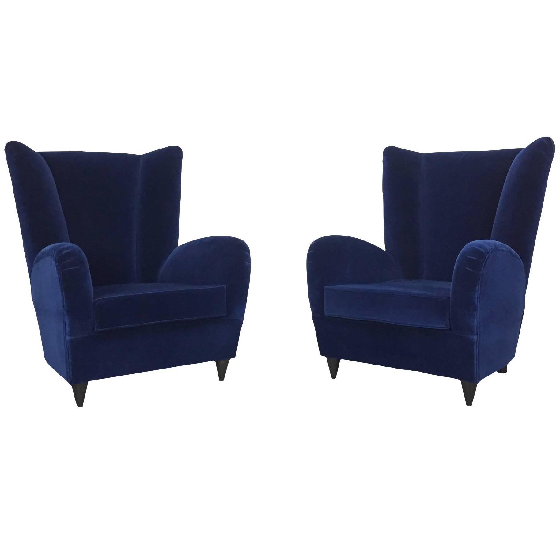 Paola Buffa Lounge Chairs in Navy Velvet, a Pair
