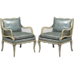 Pair of 1940s Carved and Lacquered Lounge Chairs with Blue Leather Upholstery