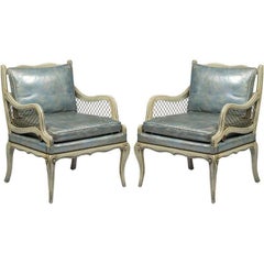 Pair of 1940s Carved and Lacquered Lounge Chairs with Blue Leather Upholstery