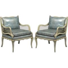 Pair of 1940s Carved and Lacquered Lounge Chairs with Blue Leather Upholstery 5