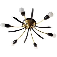  Modernist Sunburst Brass Chandelier,  1950s Stilnovo Style Flush Pendant  Light