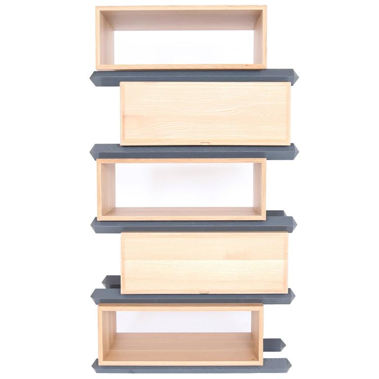 Stack Storage FiveTier Wood Staggered Open Shelves and Drawers For