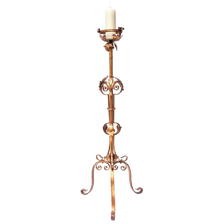 Large Italian Church Gilt Wrought Iron Floor Candelabra At