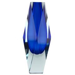 Mandruzzato Deep Blue and Clear Faceted Sommerso Murano Glass Vase