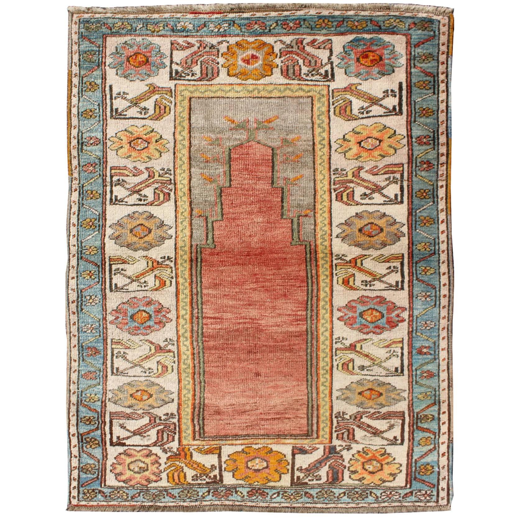 Antique Turkish Prayer Rug in Turquoise, Salmon, Orange, Blue and Ivory