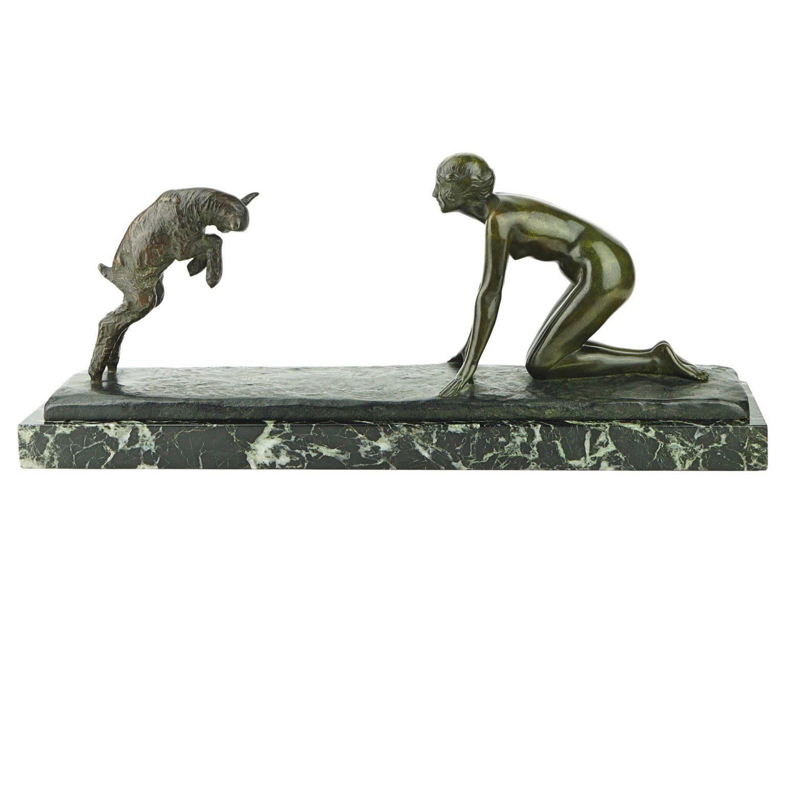 Susse Freres French Bronze Art Deco Maiden and Goat Sculpture by Paul Silvestre For Sale