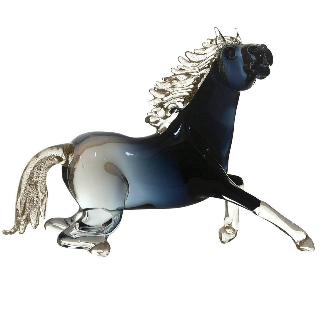 Large Black Glass Sitting Horse