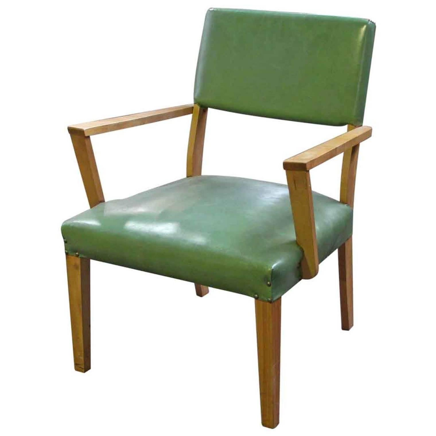 1959 Mid-Century Modern Green and Maple Wood Armchair with Brass Tacks