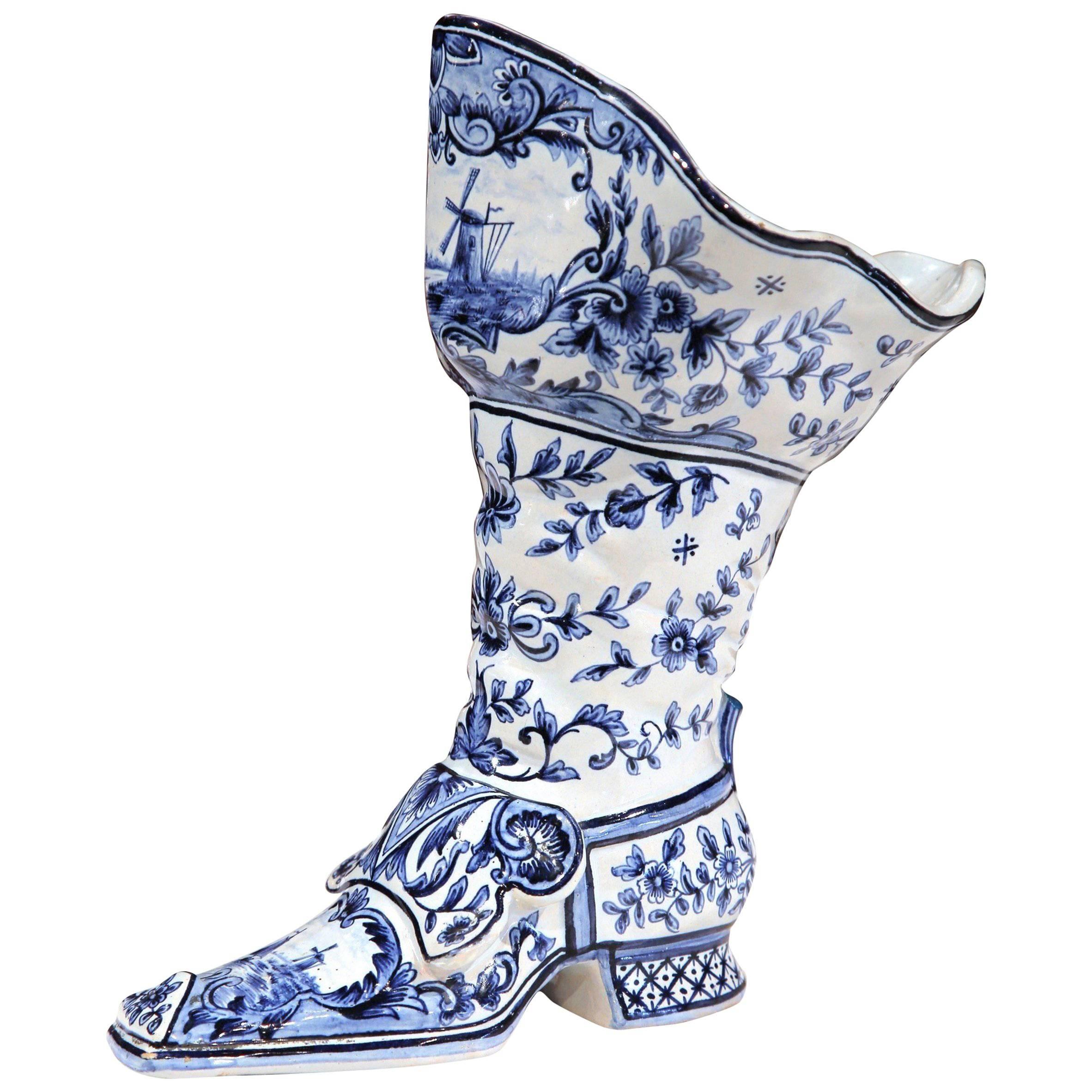 Early 20th Century Hand-Painted Blue and White Vase Shaped as a Boot