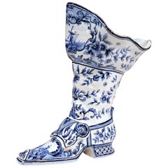 Antique Early 20th Century Hand-Painted Blue and White Vase Shaped as a Boot