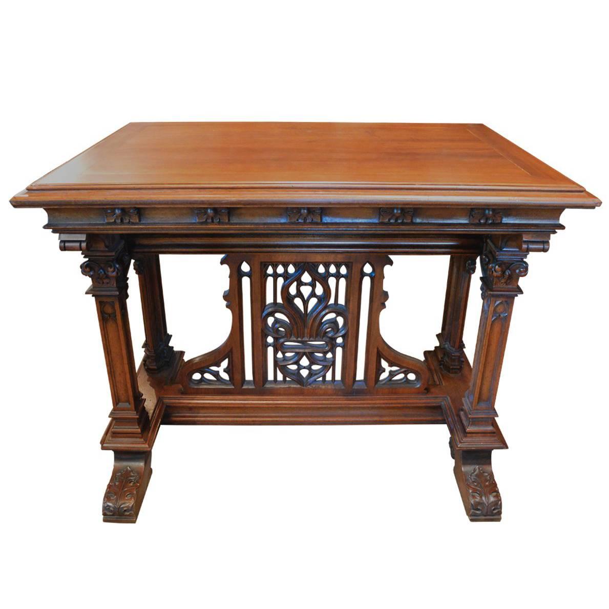 Antique 19th Century French Walnut Gothic Style Table