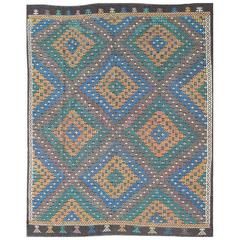 Vintage Turkish Embroidered Kilim with Blue, Gray and Green