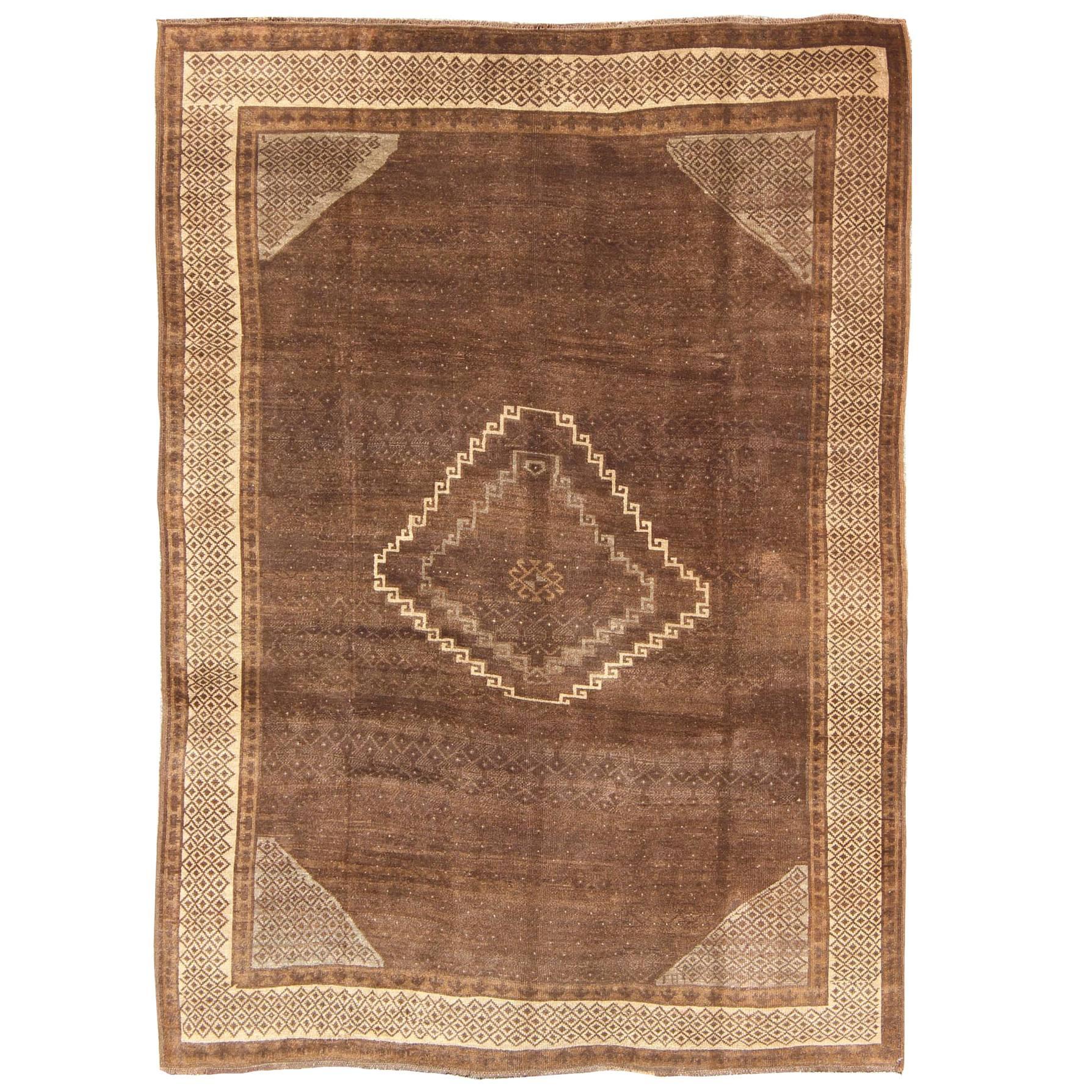 Vintage Turkish Kars Rug with a Modern Design in Shades of Brown and Ivory