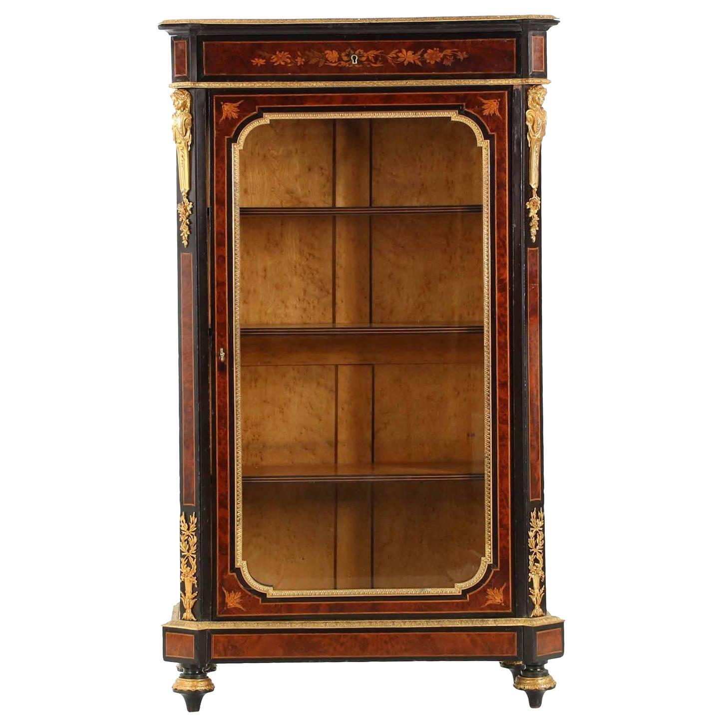 French Napoleon III Marquetry Inlaid Antique Bibliotheque Bookcase Cabinet