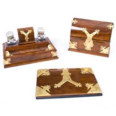 Antique English Walnut and Cut Brass Desk Set, circa 1860