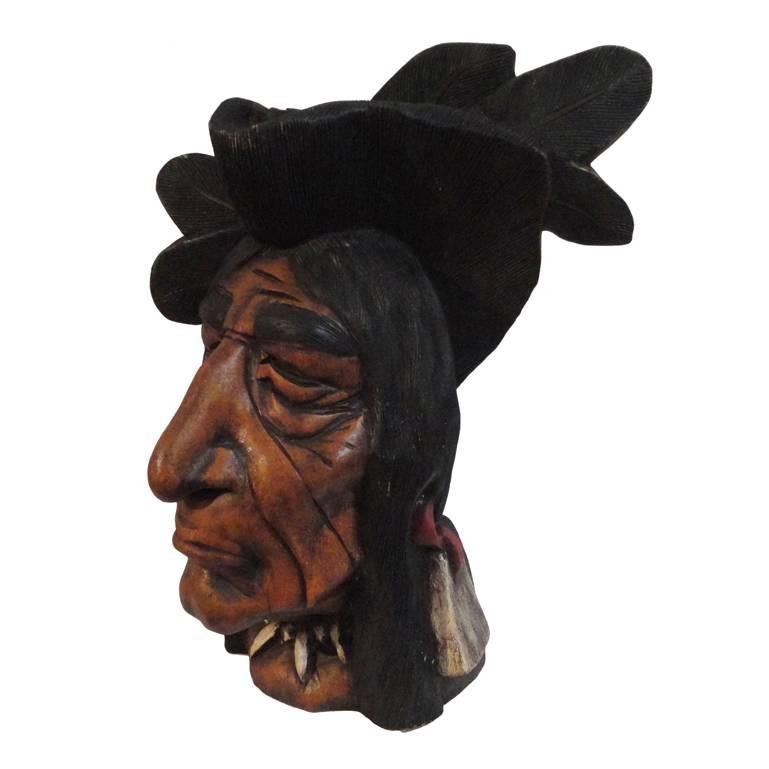 19th Century Hand-Carved and Painted Cigar Store Indian Head