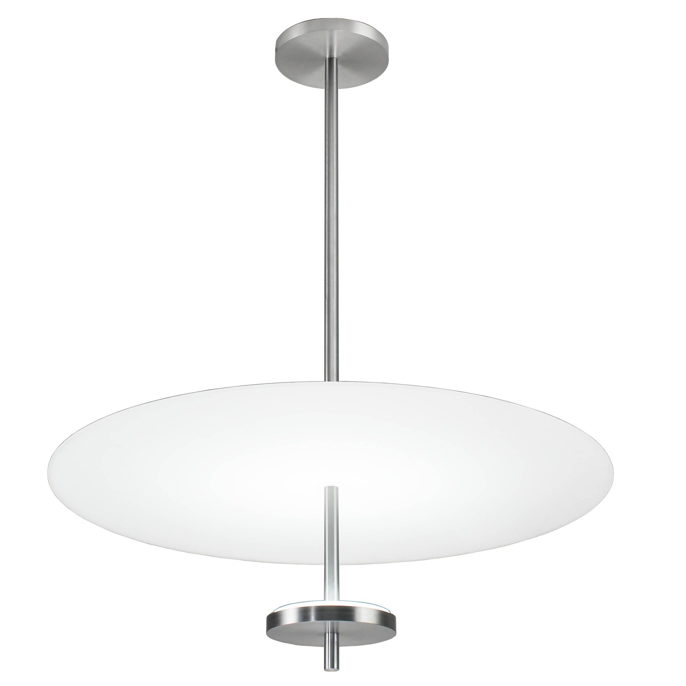 Mid-Century Modern Style Round Flat Glass Pendant Light, Satin Aluminium For Sale