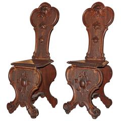 Pair of Carved Gothic Revival Hall Chairs