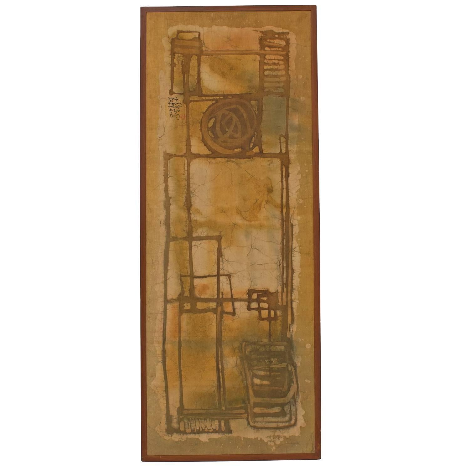 Mid-Century Chinese Batik Painting Framed Modernist Abstract Wall Art 2 For Sale