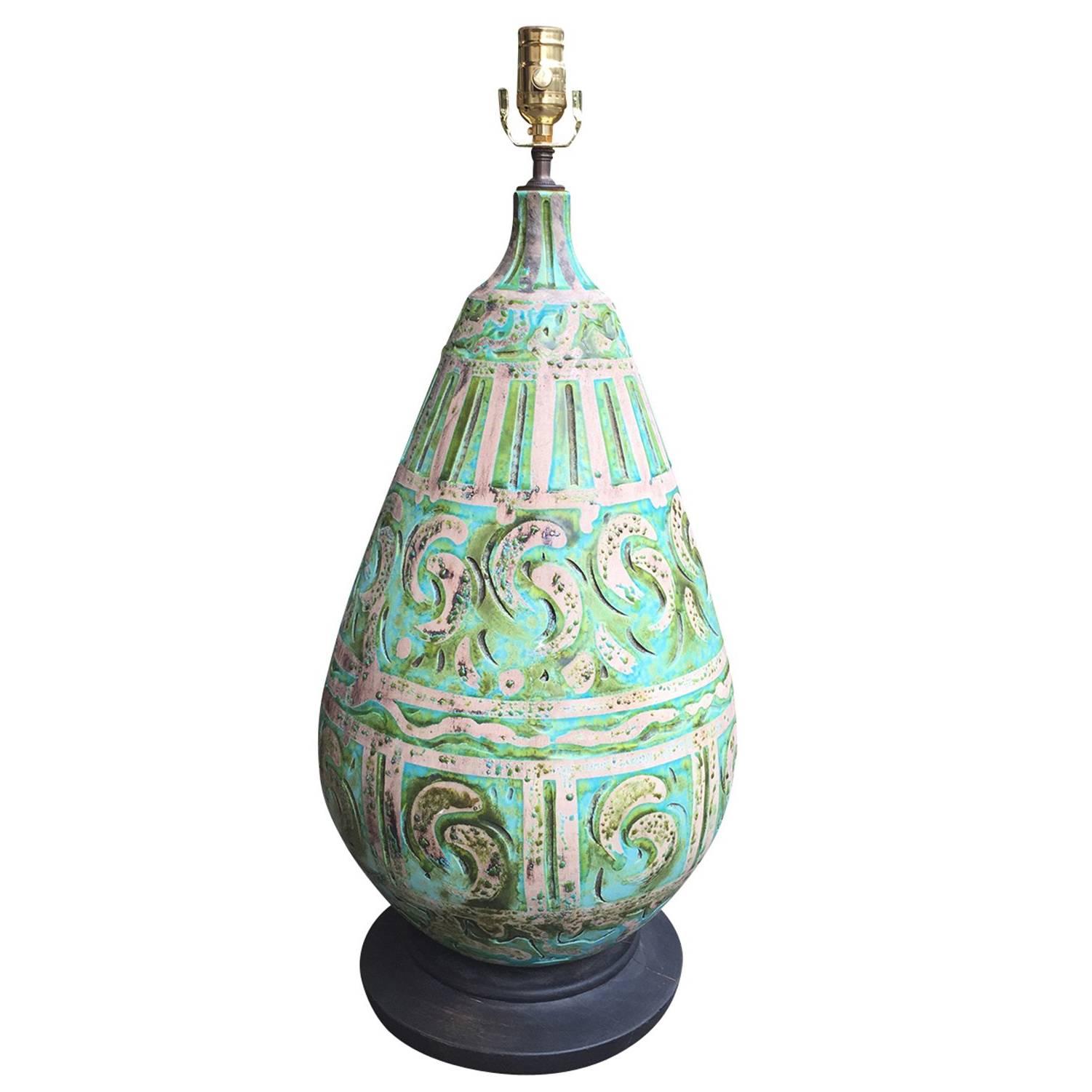 Mid-Century Italian Blue and Green Pottery Lamp, Terra Cotta