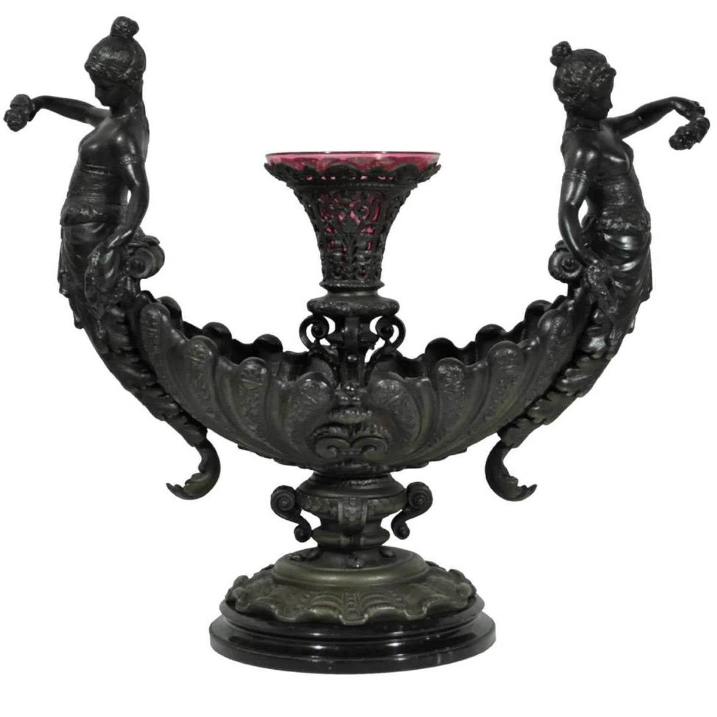 Antique Victorian Spelter & Marble Figural Mermaid Centerpiece Bowl Epergne Vase